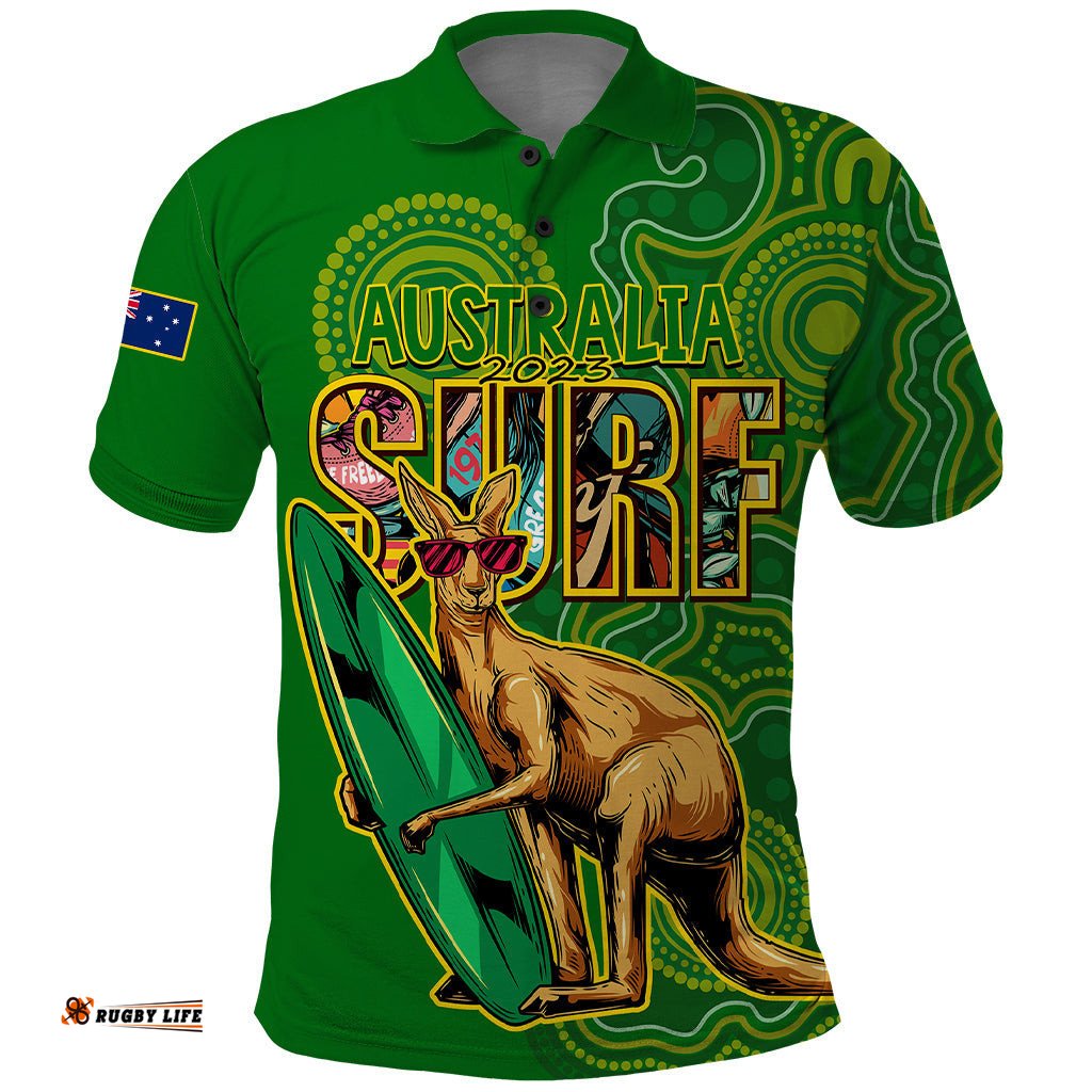 Australia Surf Polo Shirt 2023 Happy Kangaroo Indigenous Artsy