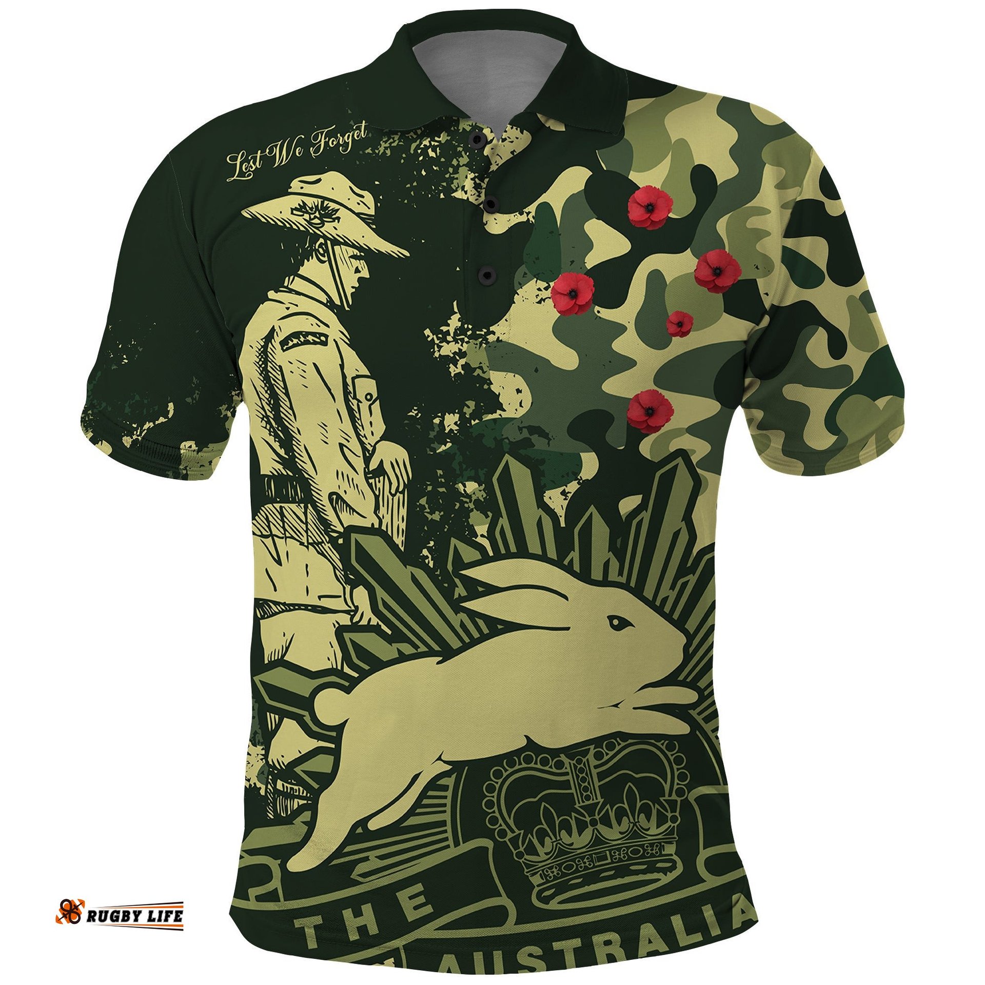 Custom Text And Number NRL ANZAC 2023 Rabbitohs Polo Shirt Camouflage Amazing Aussie