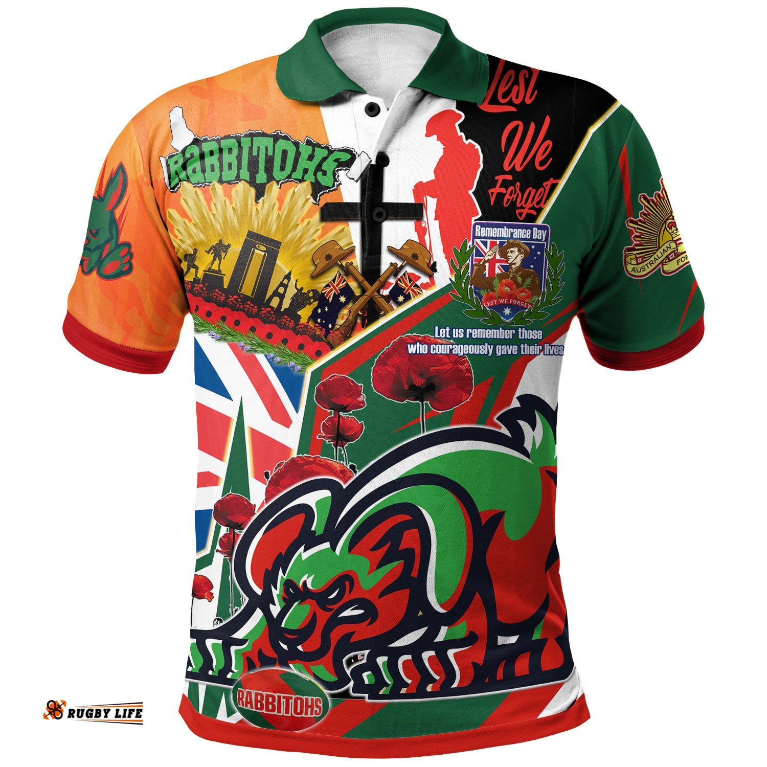 Rabbitohs Rugby Polo Shirt - Custom Remembrance Rabbitohs Anzac Quote With Poppy And Rosemary Polo Shirt Amazing Aussie