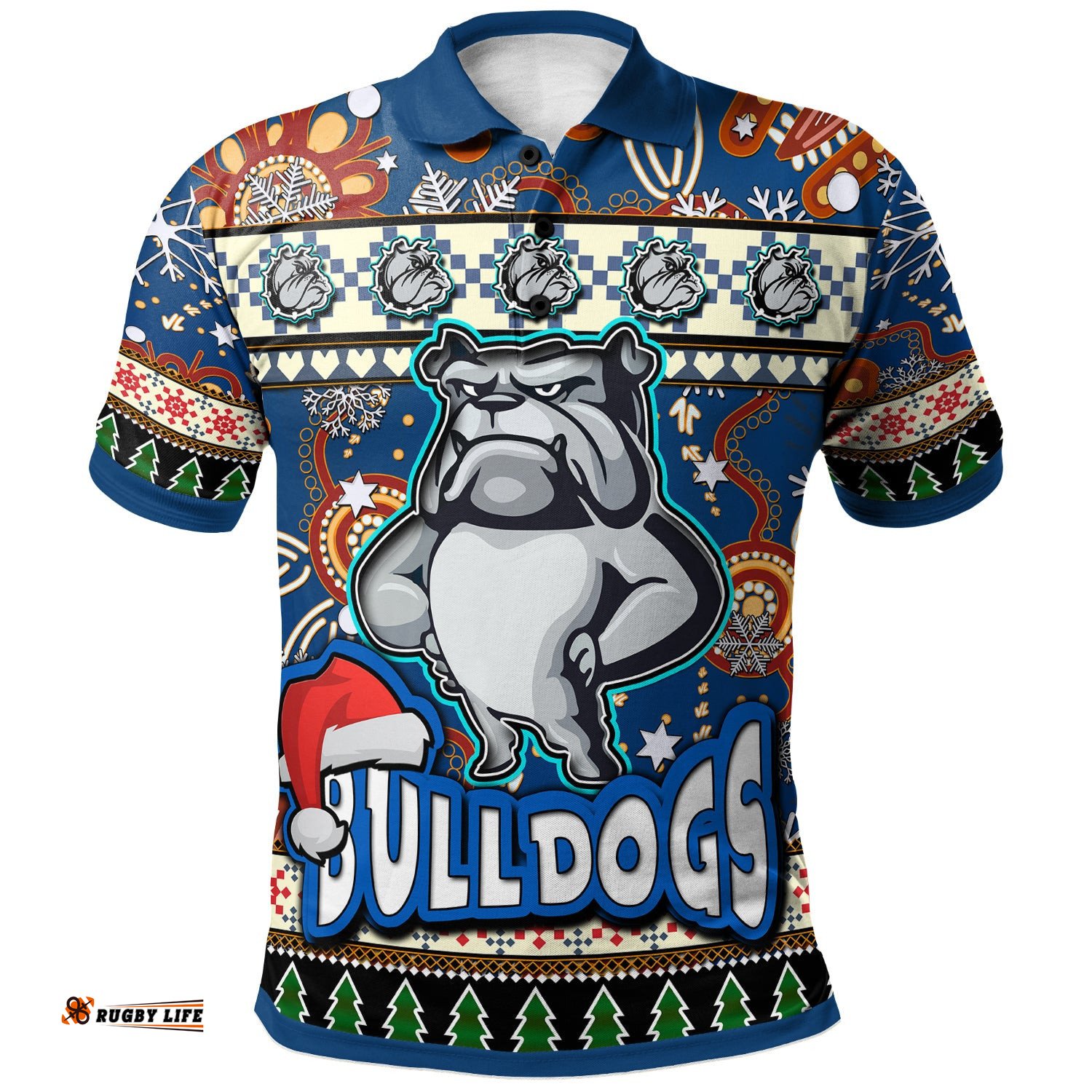 Bulldogs Rugby Christmas Polo Shirt - Custom Xmas Bulldogs Christmas Balls, Snowflake With Aboriginal Patterns Polo Shirt Amazing Aussie