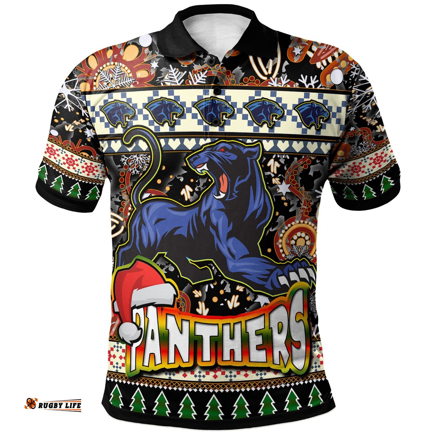 Panthers Rugby Christmas Polo Shirt - Custom Xmas Panthers Christmas Balls, Snowflake With Aboriginal Patterns Polo Shirt Amazing Aussie
