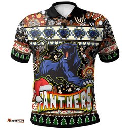Panthers Rugby Christmas Polo Shirt - Custom Xmas Panthers Christmas Balls, Snowflake With Aboriginal Patterns Polo Shirt Amazing Aussie