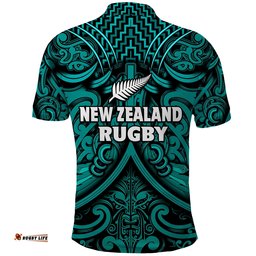 New Zealand Silver Fern Rugby Polo Shirt All Black Turquoise NZ Maori Pattern Amazing Aussie
