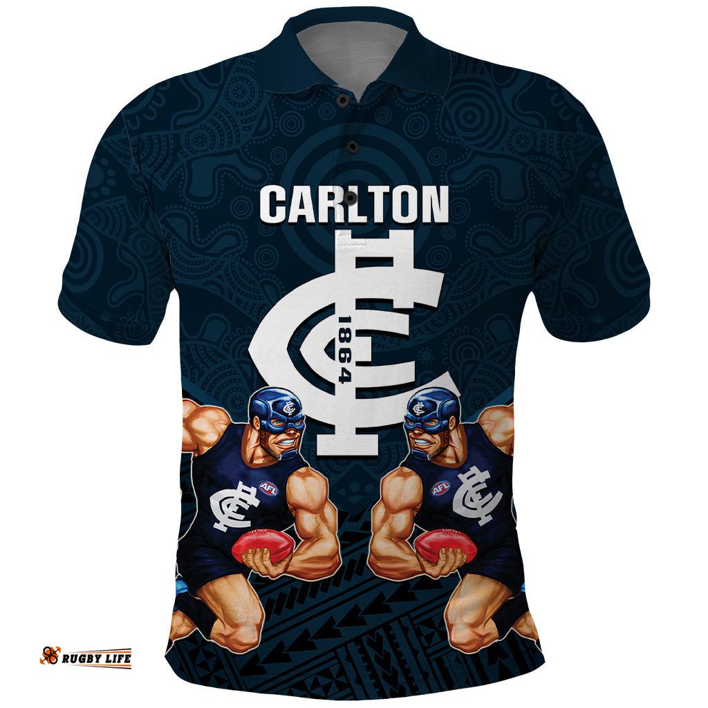 Personalised Calrton Football Polo Shirt Blues Go Champions 2023 Polynesian Indigenous Art
