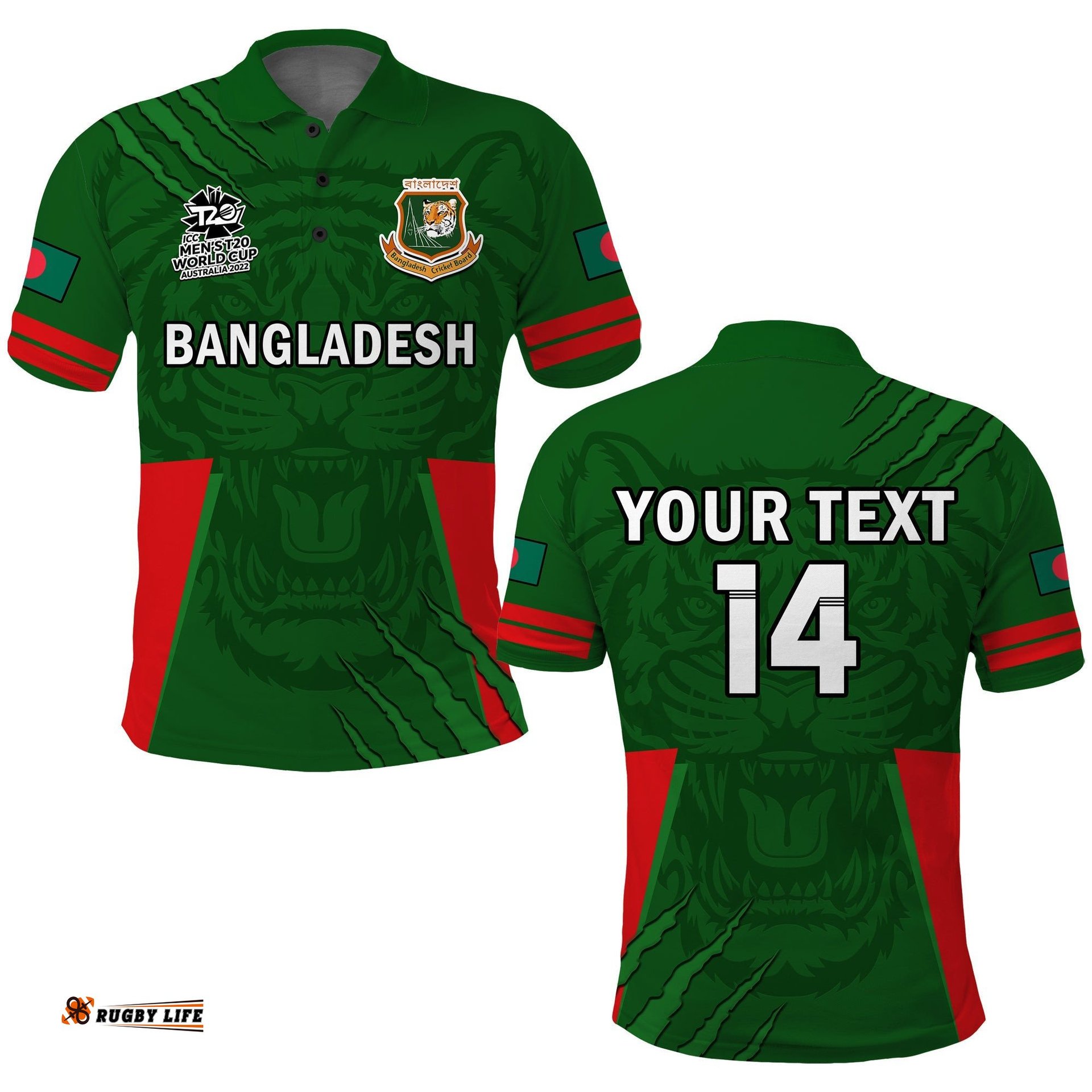 Custom Text And Number Bangladesh Cricket Polo Shirt Tigers 2022 Mens T20 World Cup Amazing Aussie