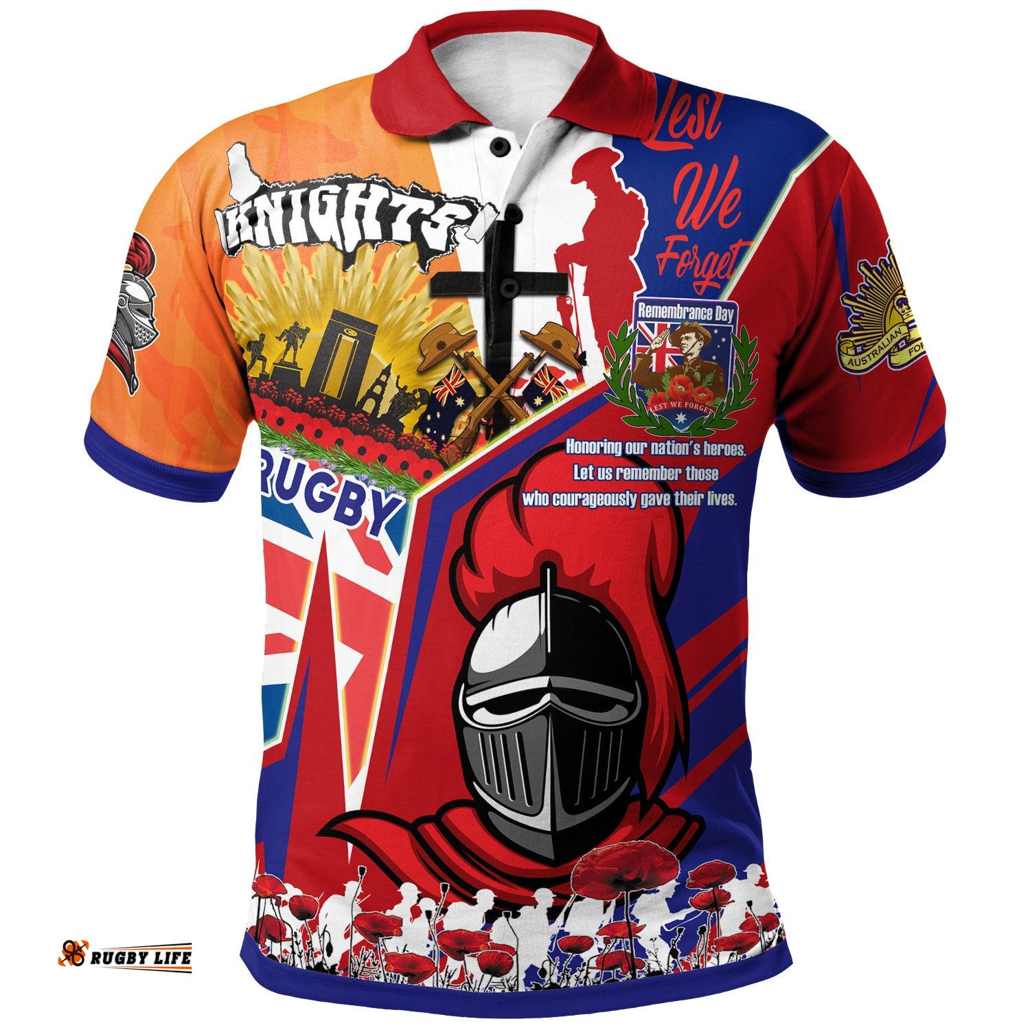 Knights Rugby Polo Shirt - Custom Remembrance Knights Anzac Quote With Poppy And Rosemary Polo Shirt Amazing Aussie
