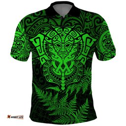 New Zealand Rugby Polo Shirt Silver Fern All Black Mix Ta Moko Green Style