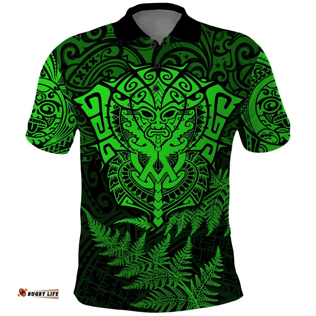 New Zealand Rugby Polo Shirt Silver Fern All Black Mix Ta Moko Green Style