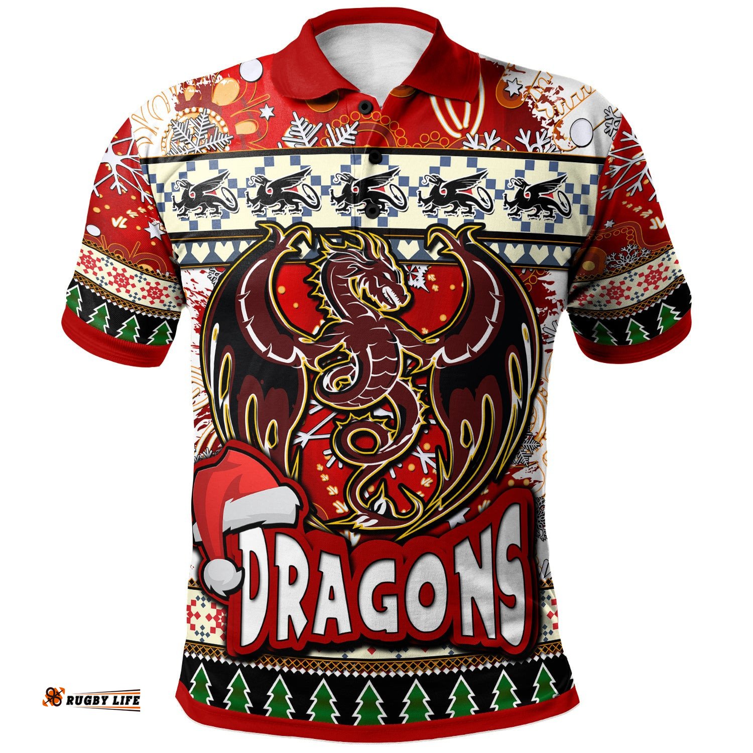 St. George Rugby Christmas Polo Shirt - Custom Xmas Dragon Christmas Balls, Snowflake With Aboriginal Patterns Polo Shirt Amazing Aussie