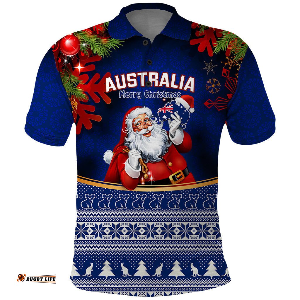 Personalised Christmas In July Polo Shirt Happy Santa Claus With Australia Map Blue Style