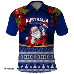 Personalised Christmas In July Polo Shirt Happy Santa Claus With Australia Map Blue Style