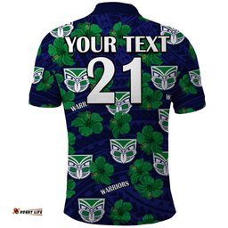 Custom Text And Number New Zealand Warriors Rugby Polo Shirt Polynesian Style With Hibiscus