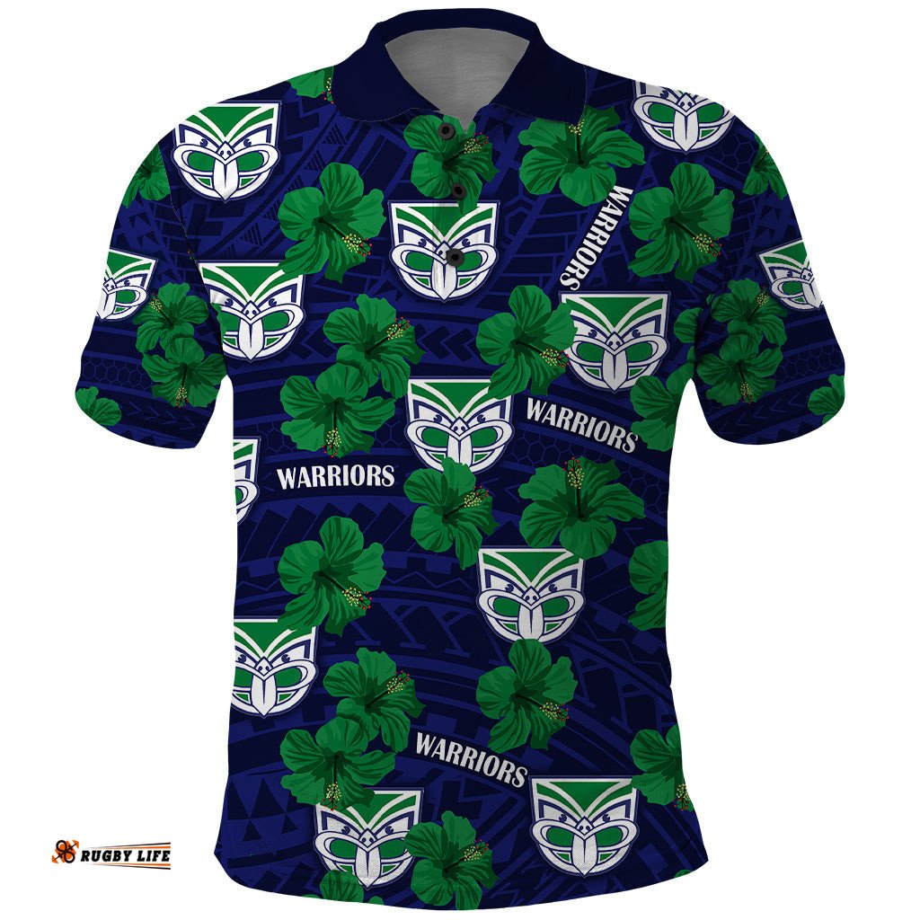 Custom Text And Number New Zealand Warriors Rugby Polo Shirt Polynesian Style With Hibiscus