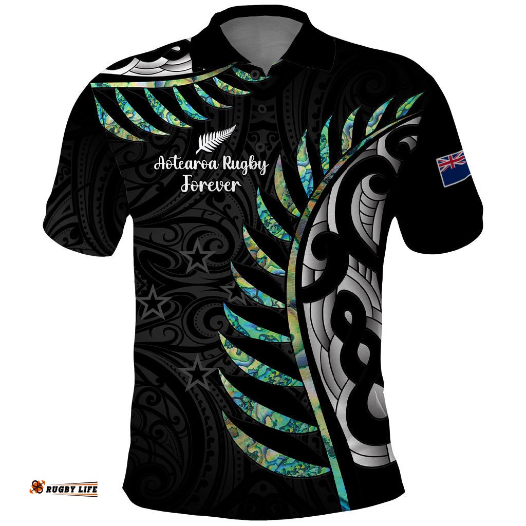 Personalised New Zealand Silver Fern Rugby Polo Shirt Paua Shell With Champions Trophy History NZ Forever