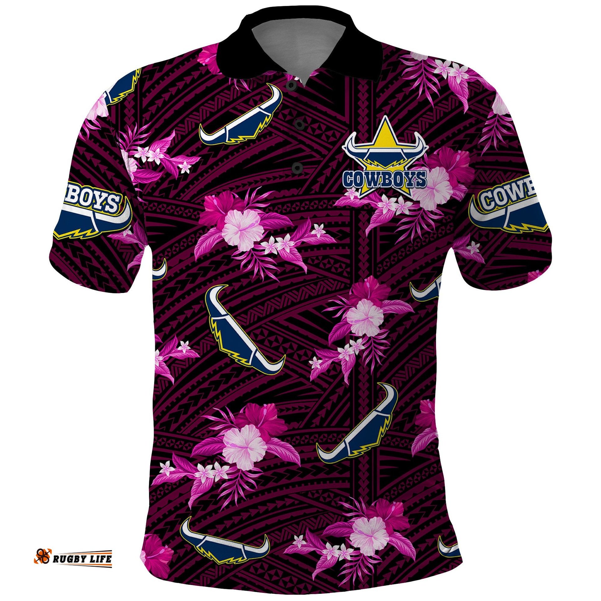 Custom Text And Number Cowboys Rugby Polo Shirt Polynesian Tribal Mix Tropical Hawaiian Pink Style