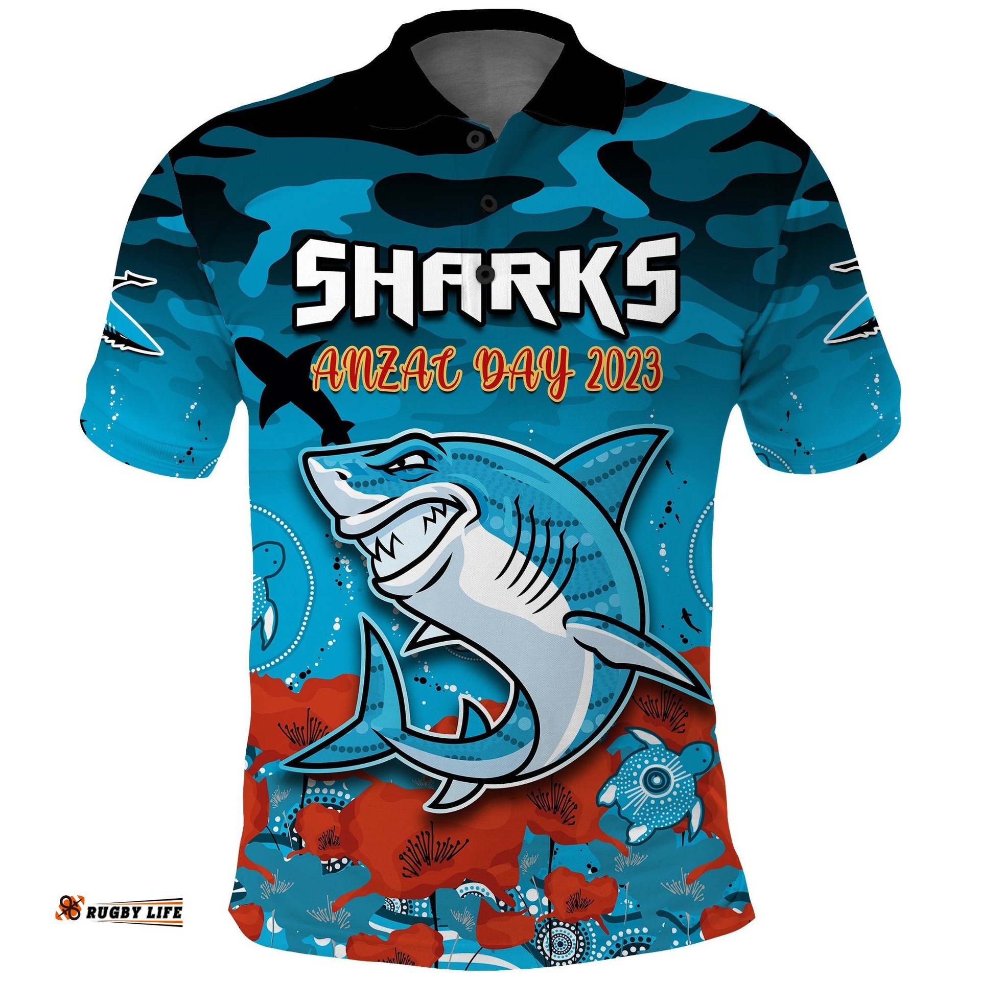 Custom Text And Number Sharks ANZAC 2023 Polo Shirt Camouflage Poppy Mix Aboriginal Amazing Aussie