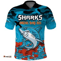 Custom Text And Number Sharks ANZAC 2023 Polo Shirt Camouflage Poppy Mix Aboriginal Amazing Aussie