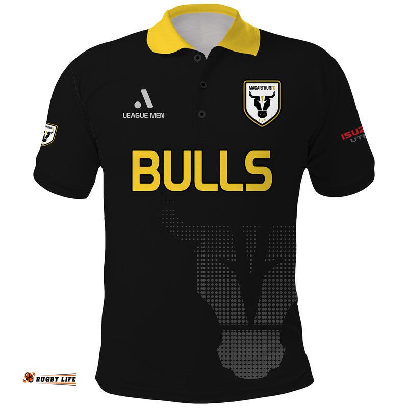 Macarthur Soccer Polo Shirt Bulls Black and Gold Amazing Aussie