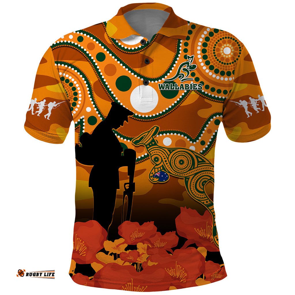 Custom Text And Number Wallabies Rugby ANZAC Polo Shirt Aboriginal Camouflage Lest We Forget