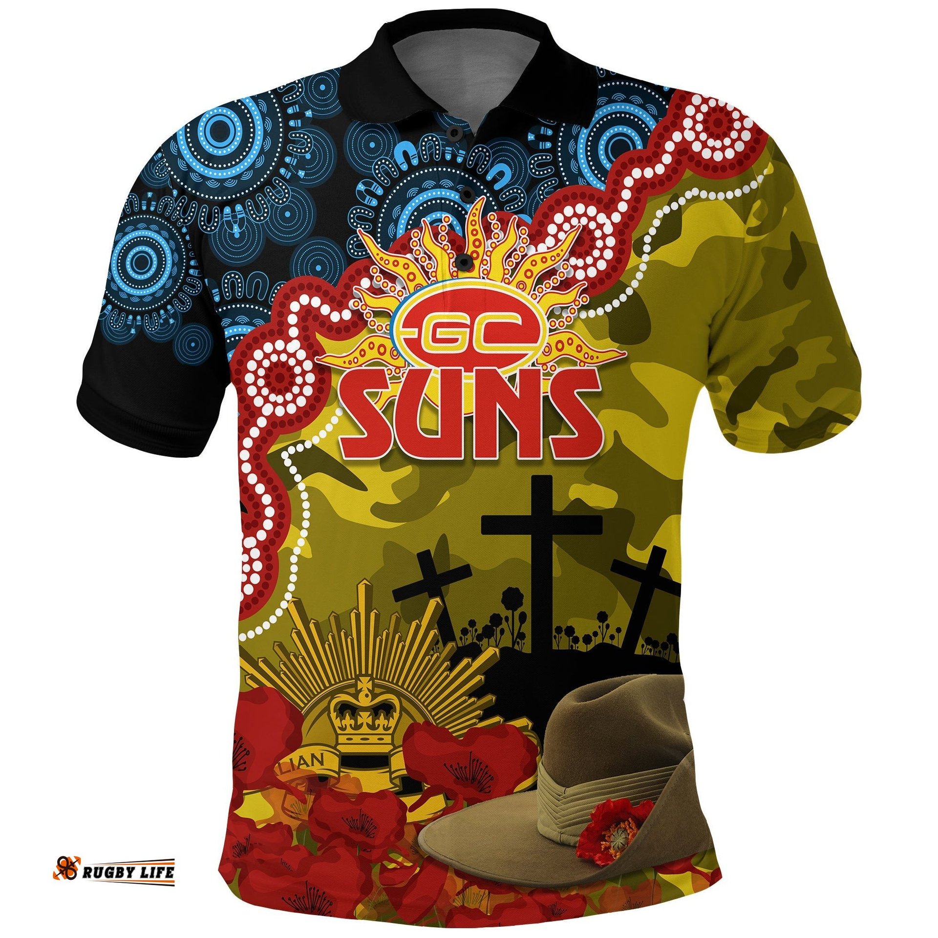 GC Suns Football ANZAC 2023 Polo Shirt Aboriginal Mix Slouch Hat Amazing Aussie