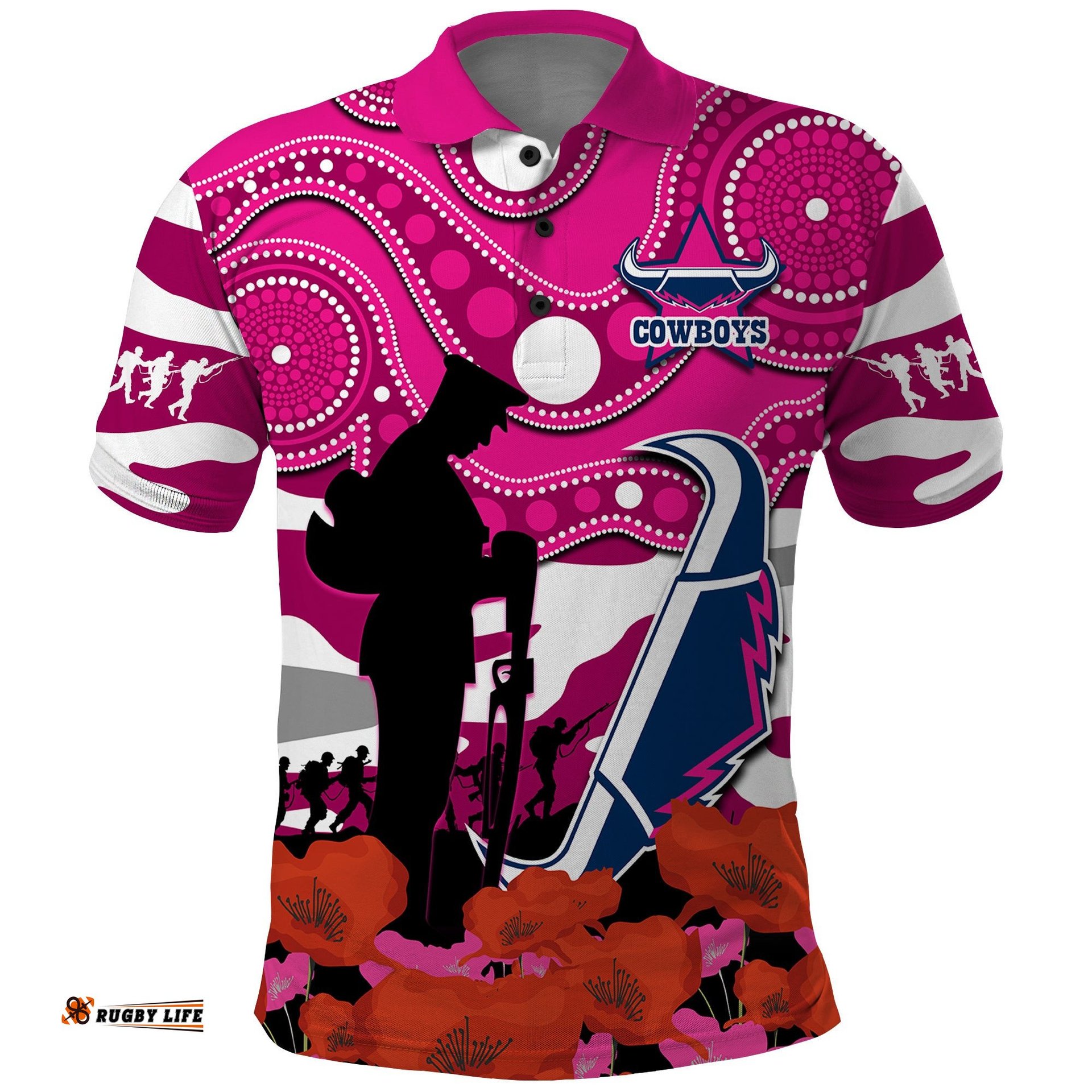 Custom Text And Number Cowboys Rugby ANZAC 2023 Polo Shirt Poppy Mix Aboriginal Magenta Version Amazing Aussie