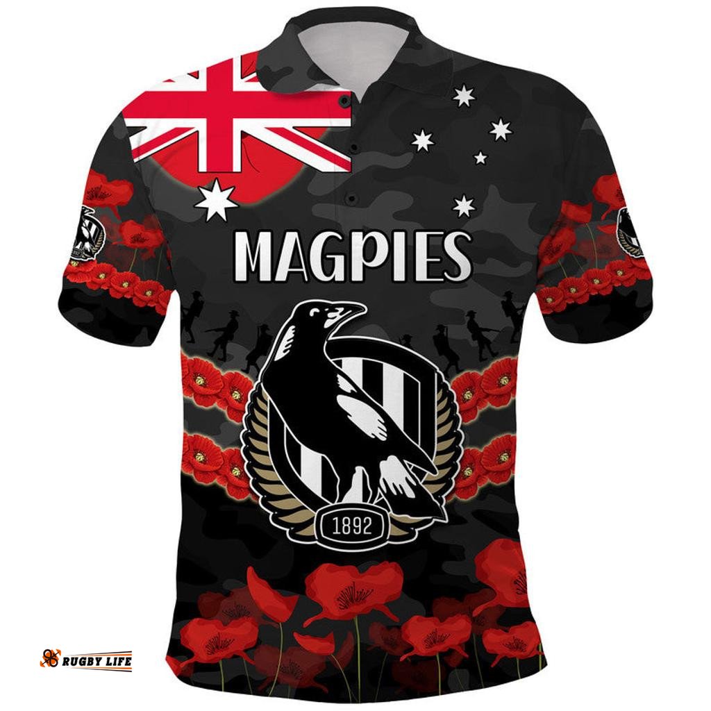 Magpies Football ANZAC Polo Shirt Lest We Forget Amazing Aussie