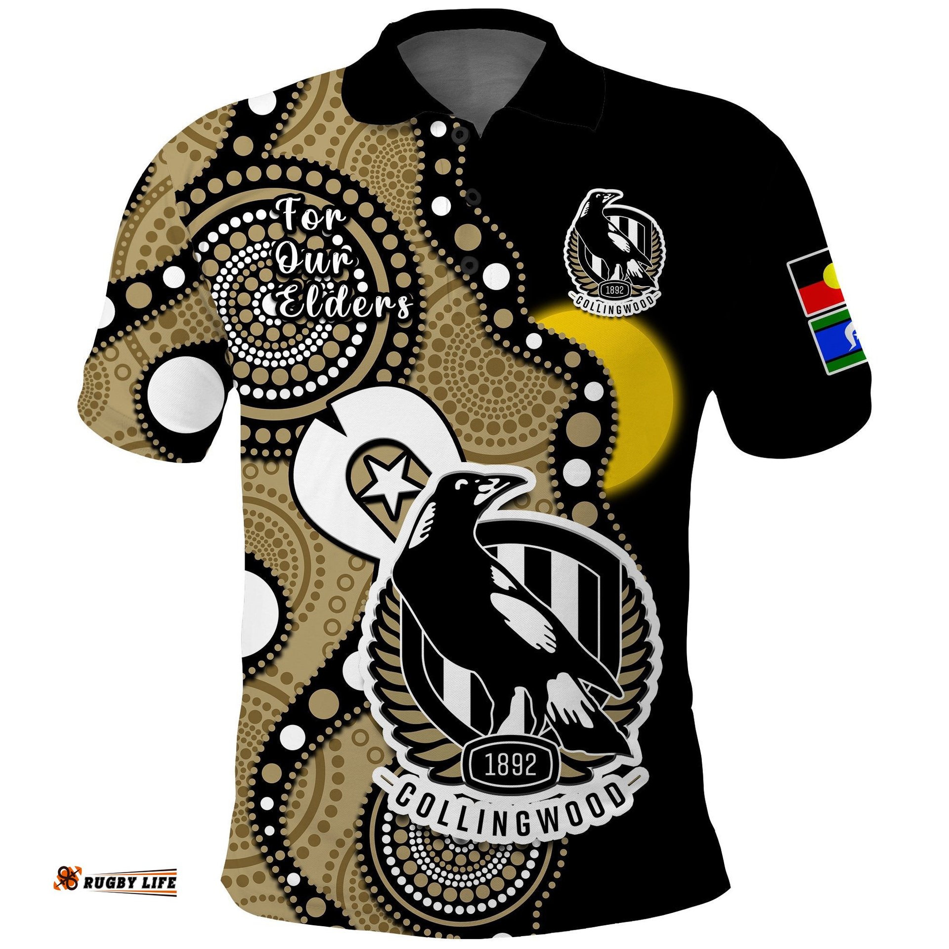 Custom Text And Number Collingwood Football NAIDOC 2023 Polo Shirt Magpies For Our Elders Indigenous Art Amazing Aussie