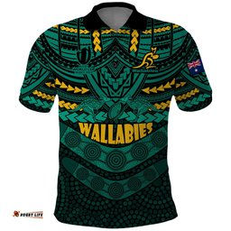 Custom Wallabies Rugby Polo Shirt Polynesian and Aboriginal Special Green Version