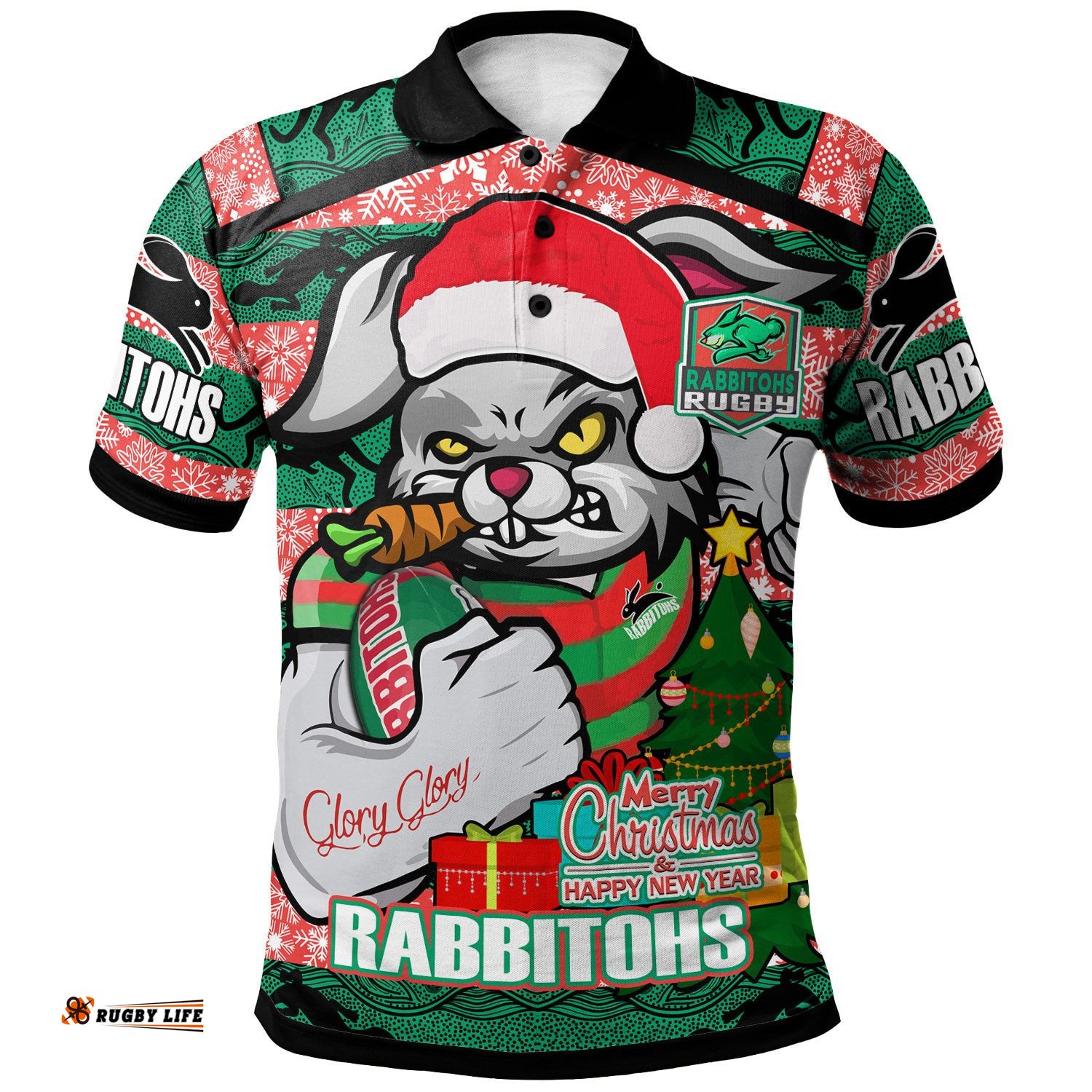 Rabbitohs Christmas Rugby Polo Shirt - Merry Christmas Super Rabbitohs With Rugby Ball And Aboriginal Patterns Custom Polo Shirt Amazing Aussie