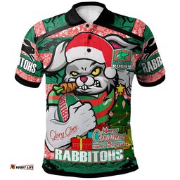 Rabbitohs Christmas Rugby Polo Shirt - Merry Christmas Super Rabbitohs With Rugby Ball And Aboriginal Patterns Custom Polo Shirt Amazing Aussie