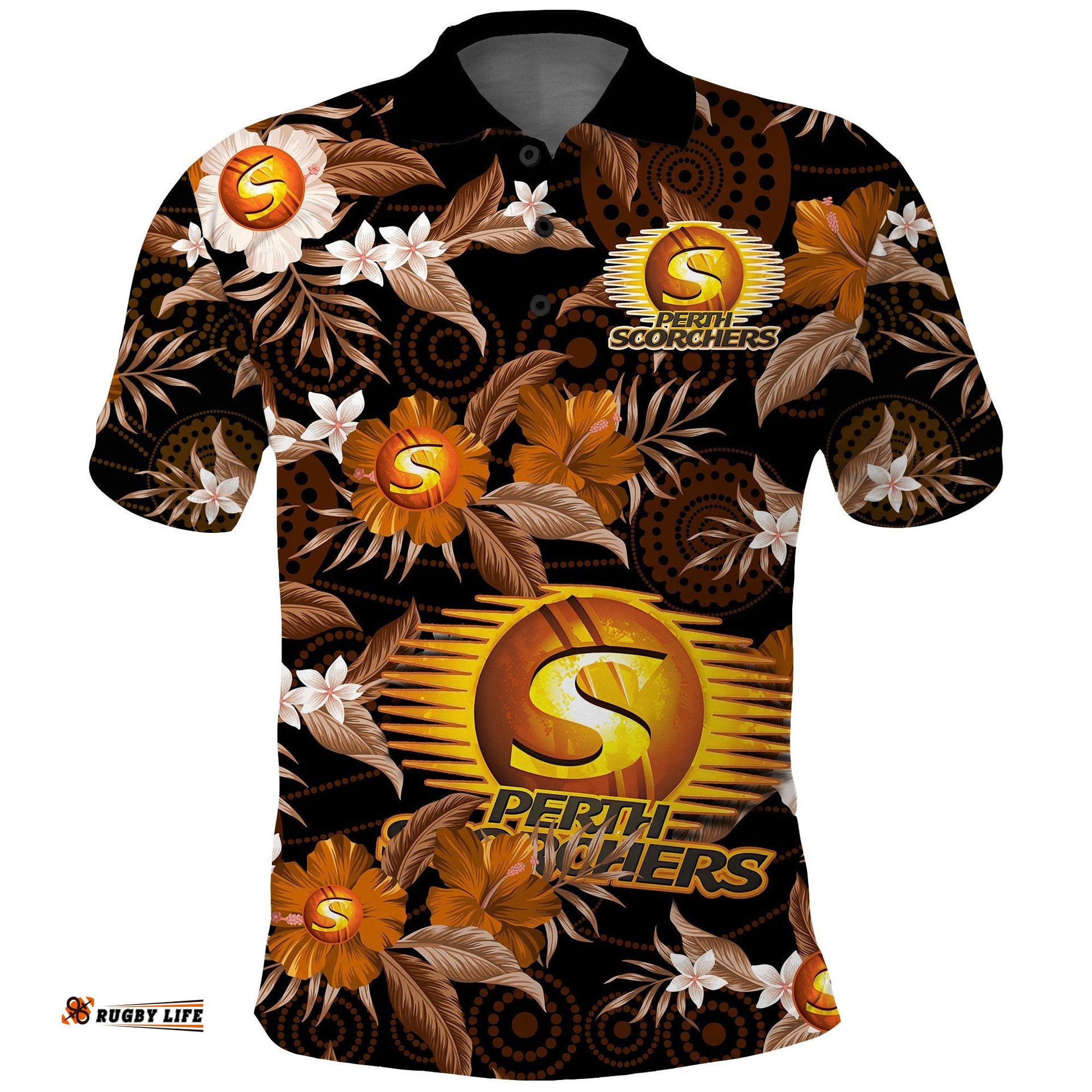 Custom Text And Number Perth Scorchers Cricket Polo Shirt Aboriginal Art Mix Tropical Flowers Amazing Aussie