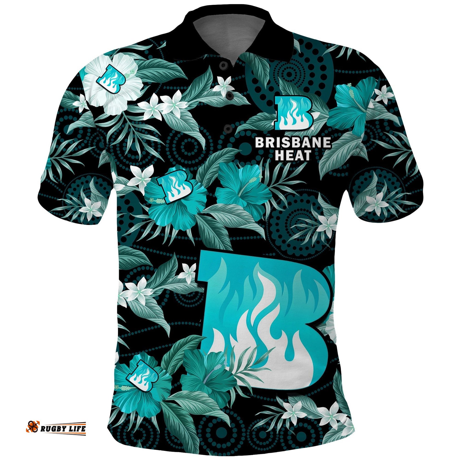 Custom Text And Number Brisbane Heat Cricket Polo Shirt Aboriginal Art Mix Tropical Flowers Amazing Aussie
