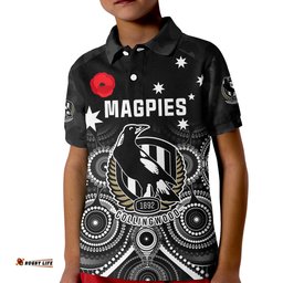 Magpies Football ANZAC Day Polo Shirt Aboriginal Poppy Flowers Amazing Aussie