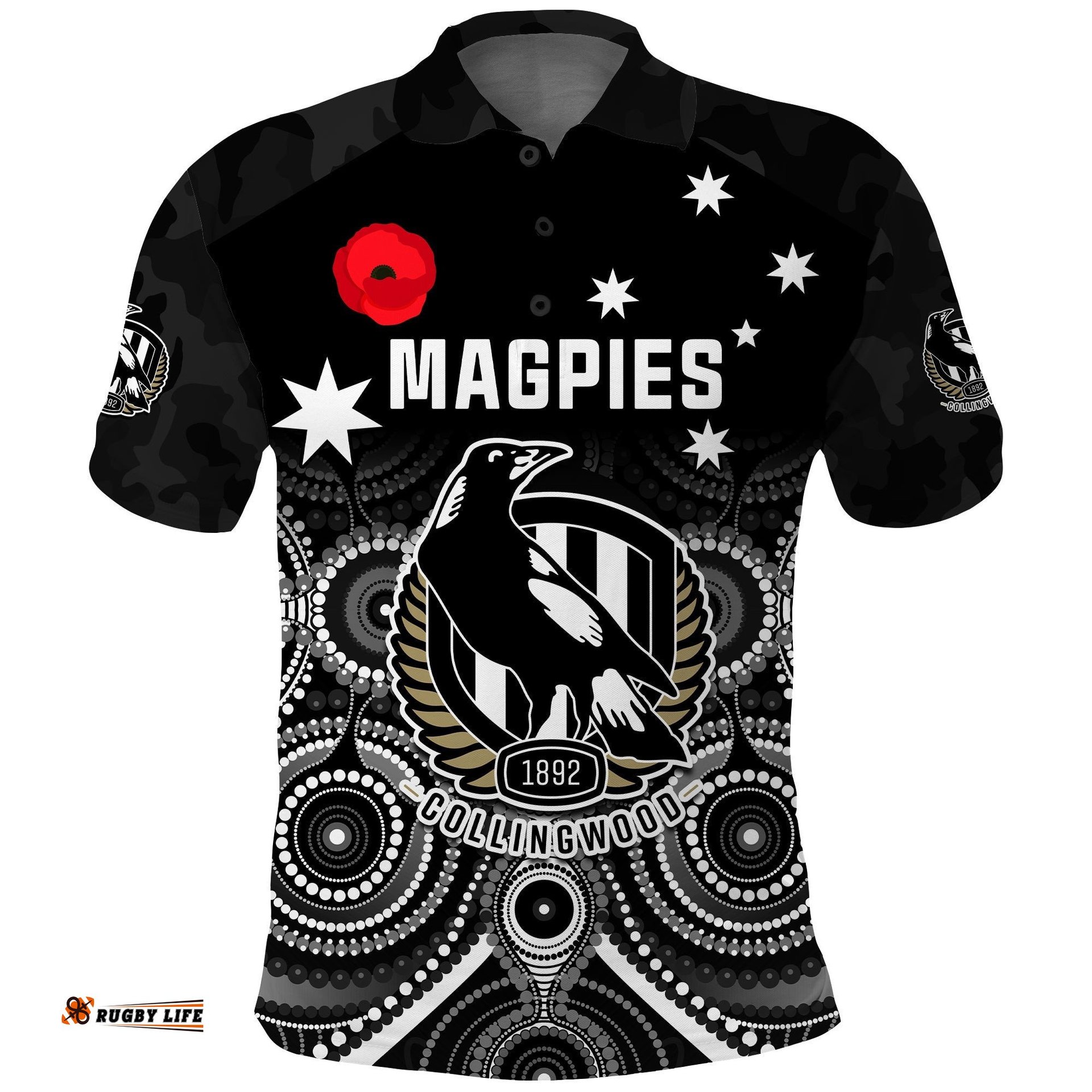 Magpies Football ANZAC Day Polo Shirt Aboriginal Poppy Flowers Amazing Aussie