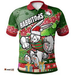 Rabbitohs Rugby Polo Shirt - Custom Christmas Tree Rabbit Rugby Ball Polo Shirt Amazing Aussie