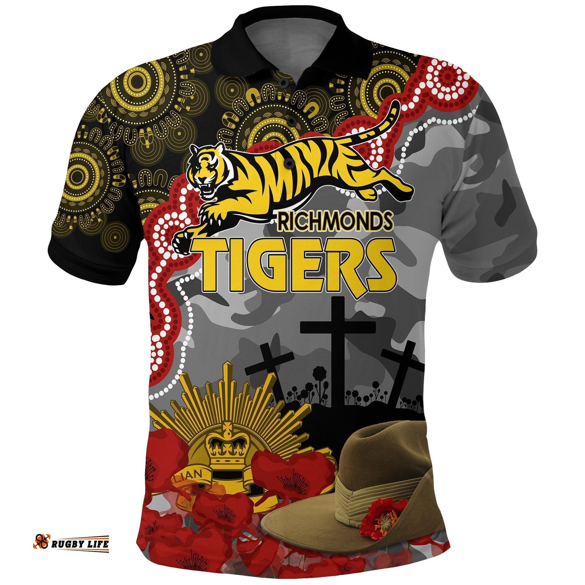 Tigers Football ANZAC 2023 Polo Shirt Aboriginal Mix Slouch Hat Amazing Aussie