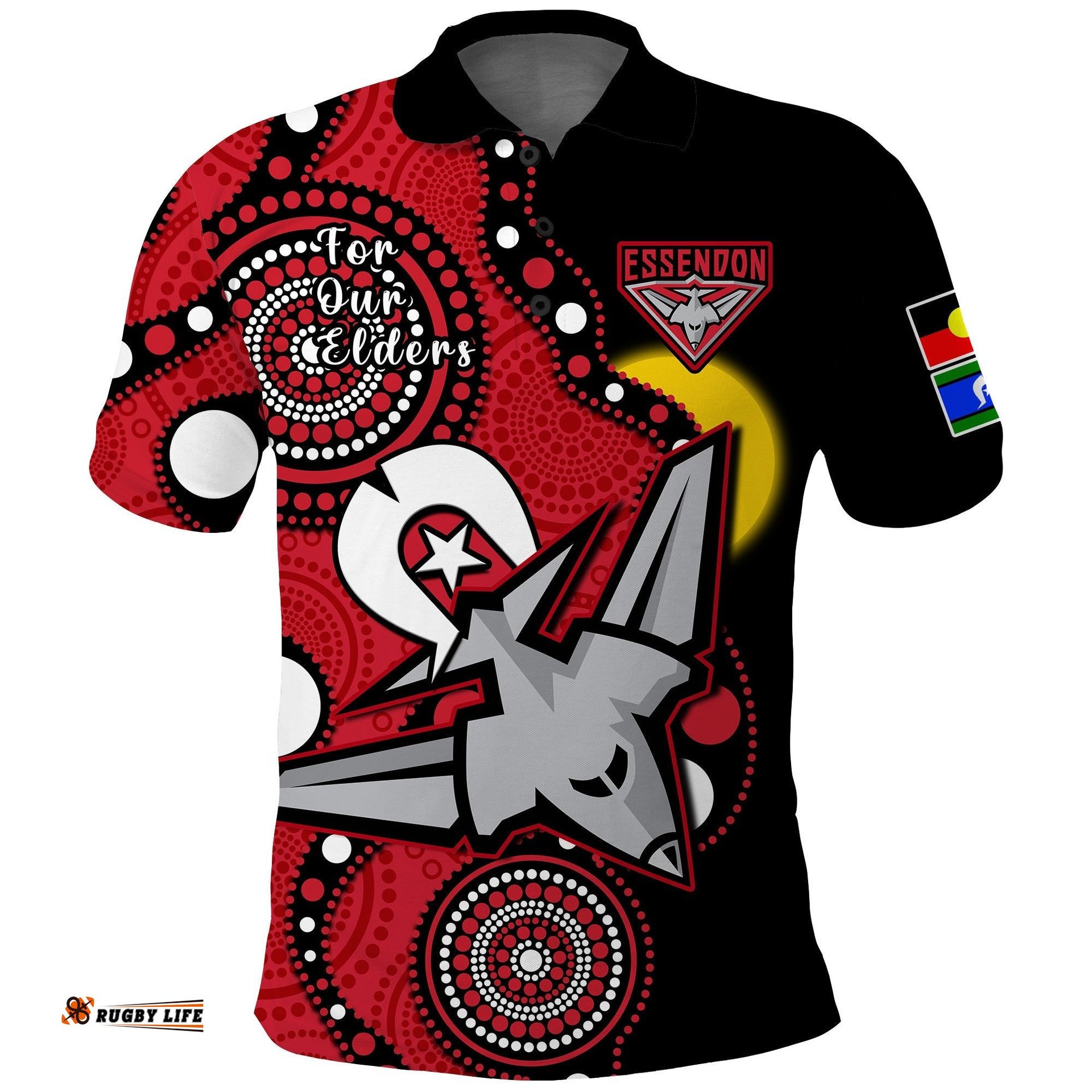 Custom Text And Number Essendon Football NAIDOC 2023 Polo Shirt Bombers For Our Elders Indigenous Art Amazing Aussie