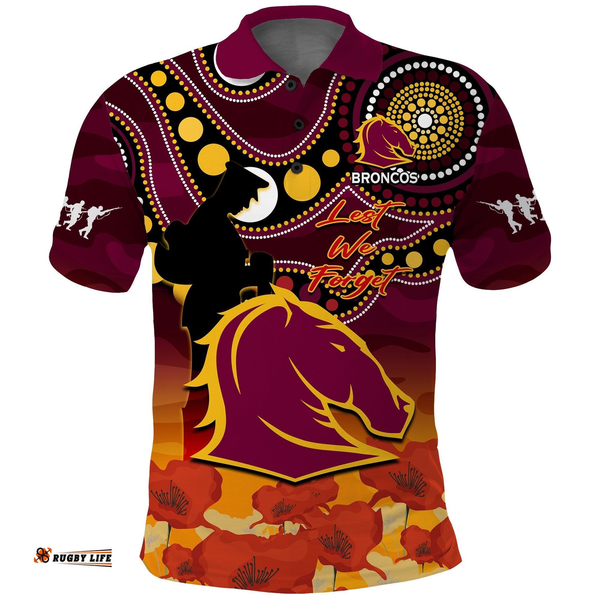 Custom Text And Number Brisbane Broncos Rugby ANZAC 2023 Polo Shirt Aboriginal Mix Poppy Lest We Forget Amazing Aussie