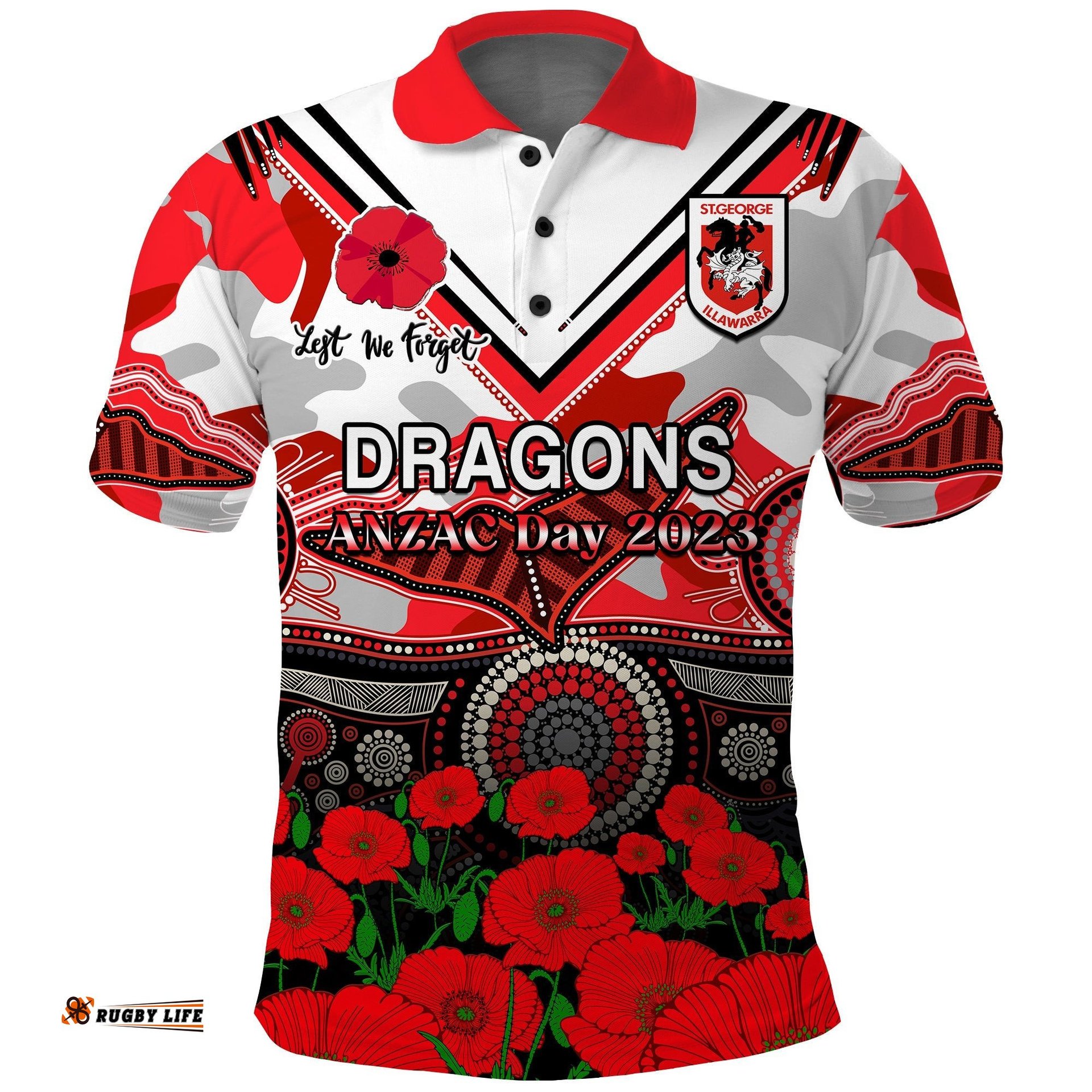 Dragons Rugby ANZAC 2023 Polo Shirt Aboriginal Mix Poppy Lest We Forget Amazing Aussie