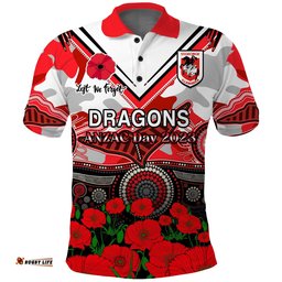 Dragons Rugby ANZAC 2023 Polo Shirt Aboriginal Mix Poppy Lest We Forget Amazing Aussie