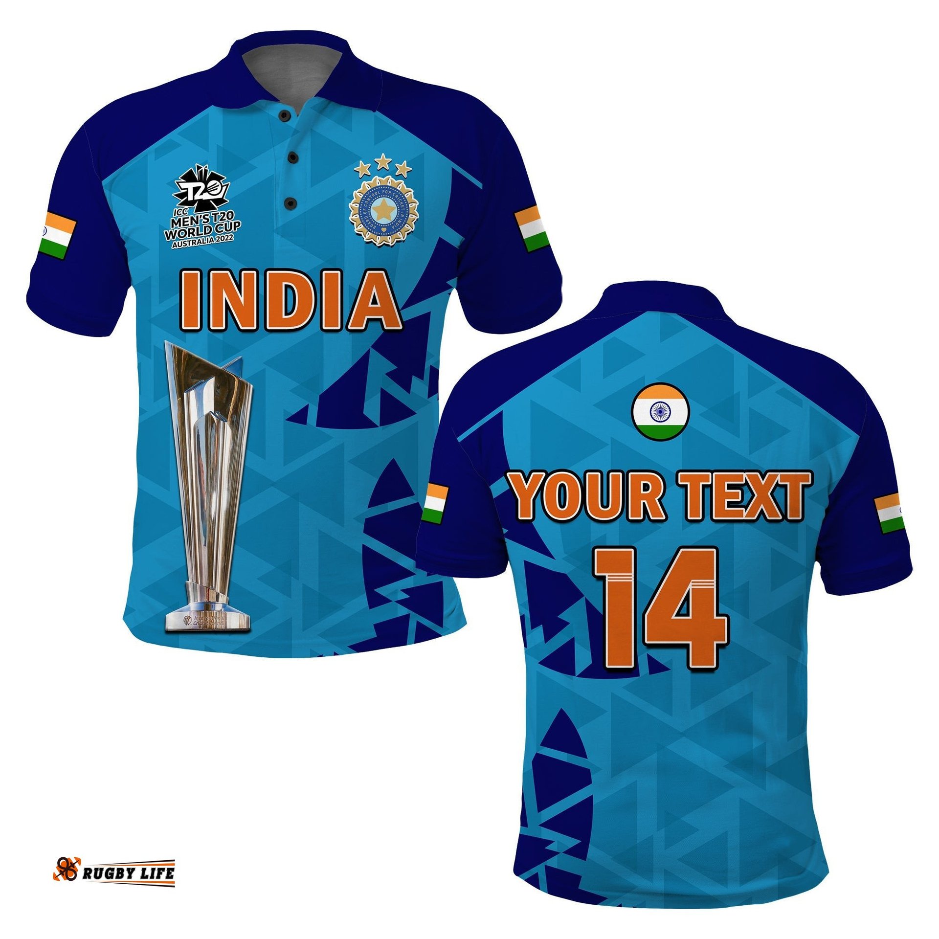 Custom Text And Number India Cricket Polo Shirt Men In Blue Champions Mens T20 WC 2022 Amazing Aussie