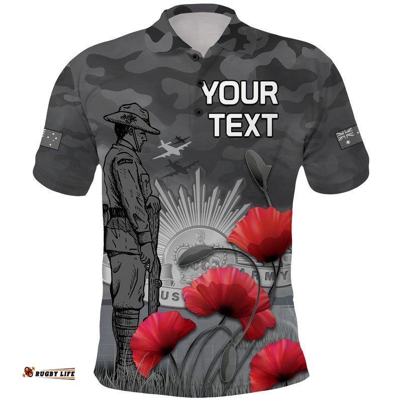 Custom Personalised Remembrance Day Polo Shirt Soldier Australian Army Rising Sun With Red Poppy Amazing Aussie