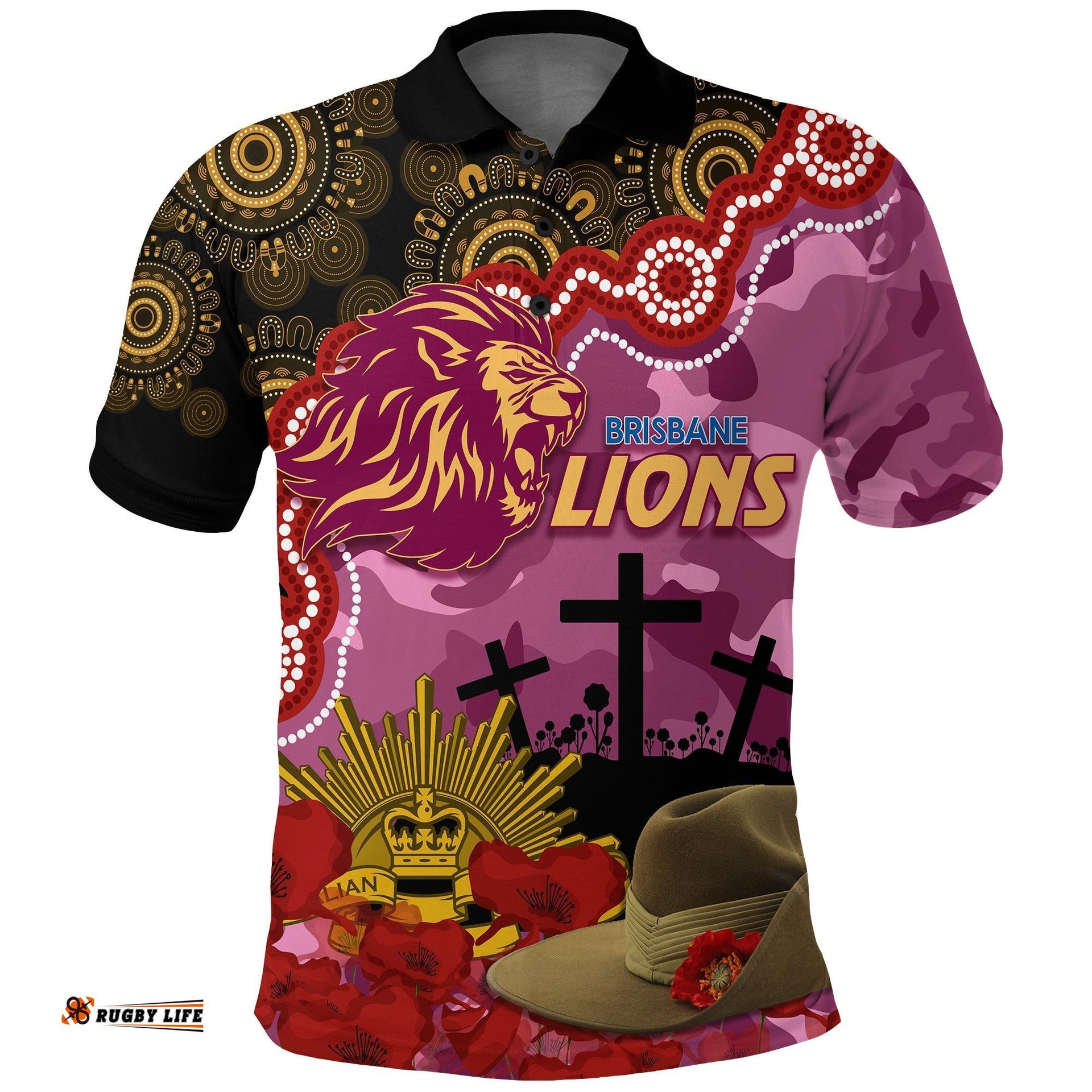 Lions Football ANZAC 2023 Polo Shirt Aboriginal Mix Slouch Hat Amazing Aussie