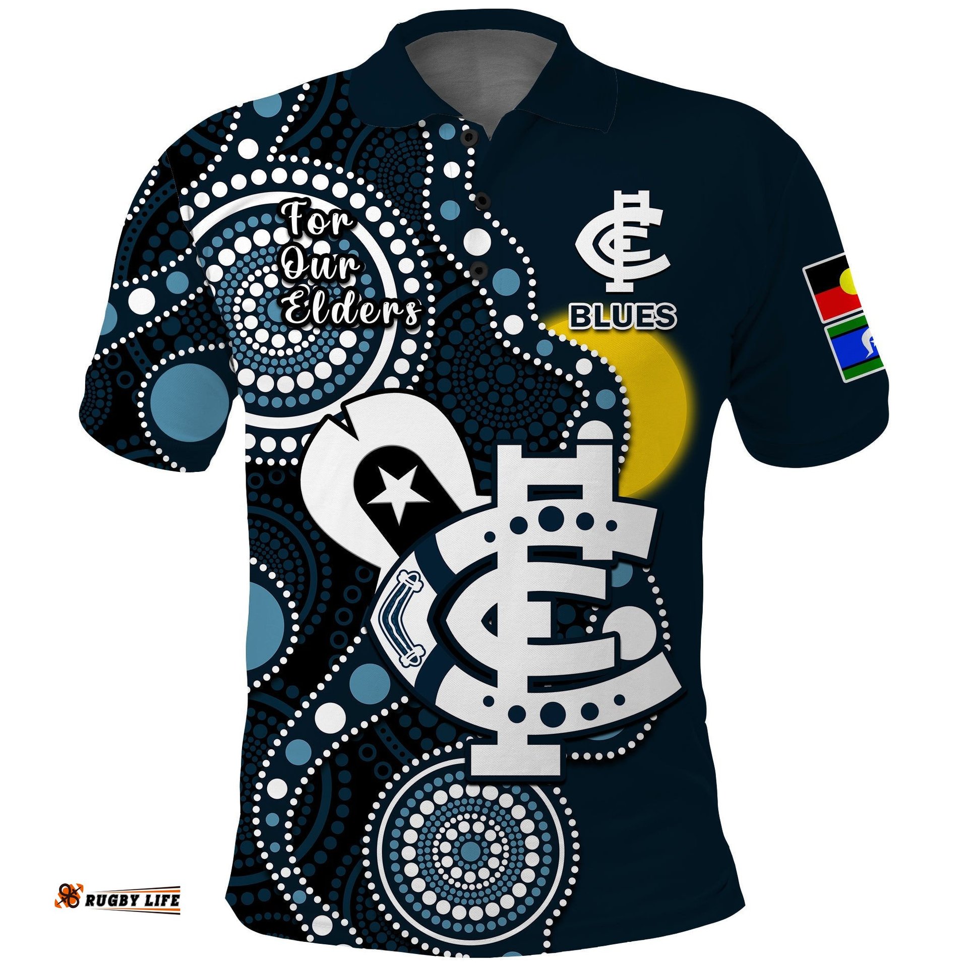 Custom Text And Number Carlton Football NAIDOC 2023 Polo Shirt Blues For Our Elders Indigenous Art Amazing Aussie