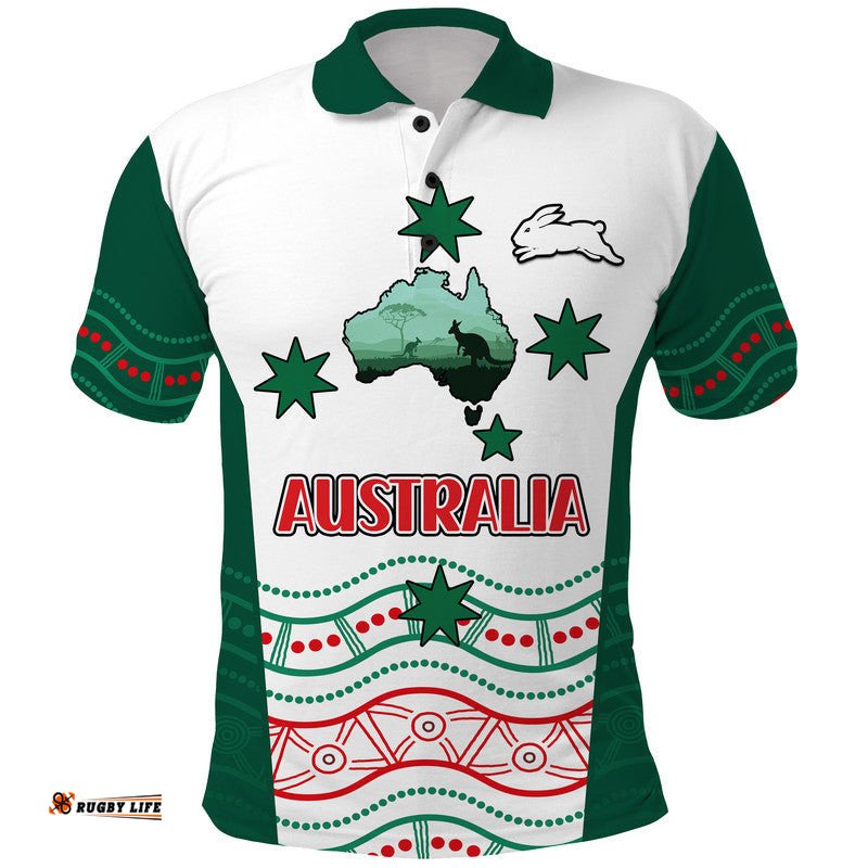 Custom Personalised Rabbitohs Australia Day Polo Shirt Flag Map and Aboriginal Wave Amazing Aussie