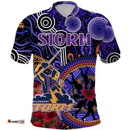 Storm Rugby ANZAC Polo Shirt Aboriginal Military and Poppy Flowers Amazing Aussie