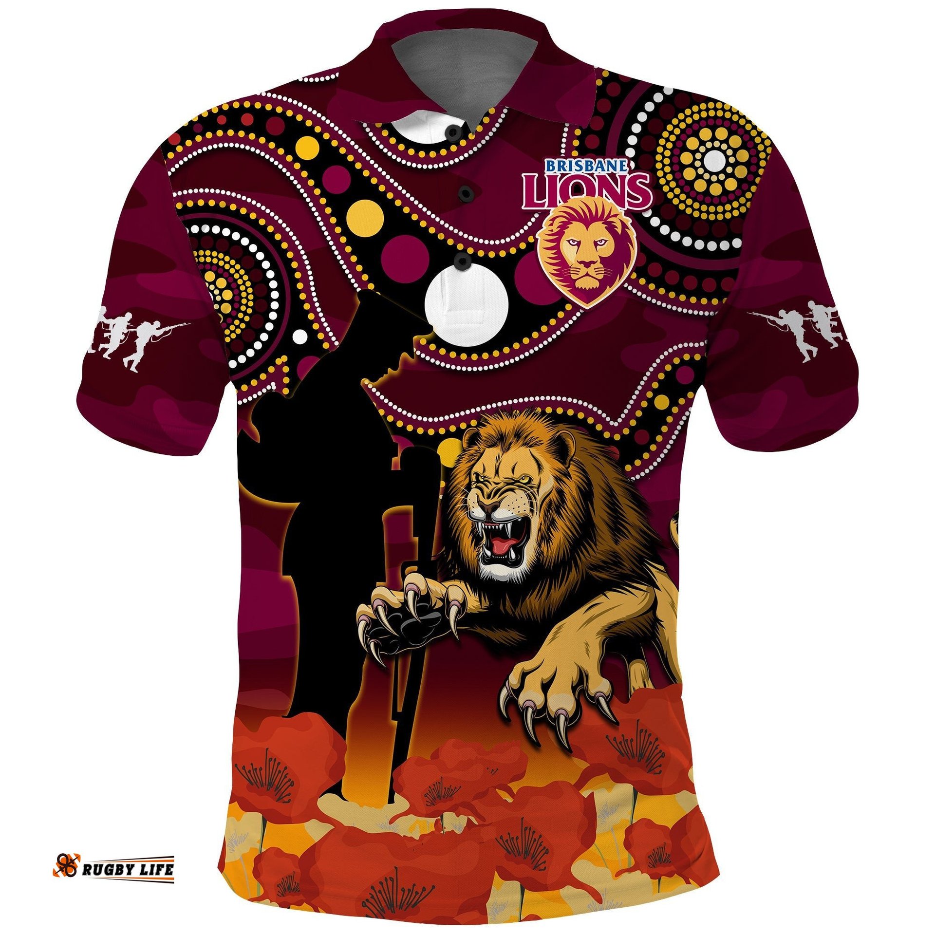 Brisbane Lions Football ANZAC 2023 Polo Shirt Aboriginal Mix Poppy Camouflage Amazing Aussie