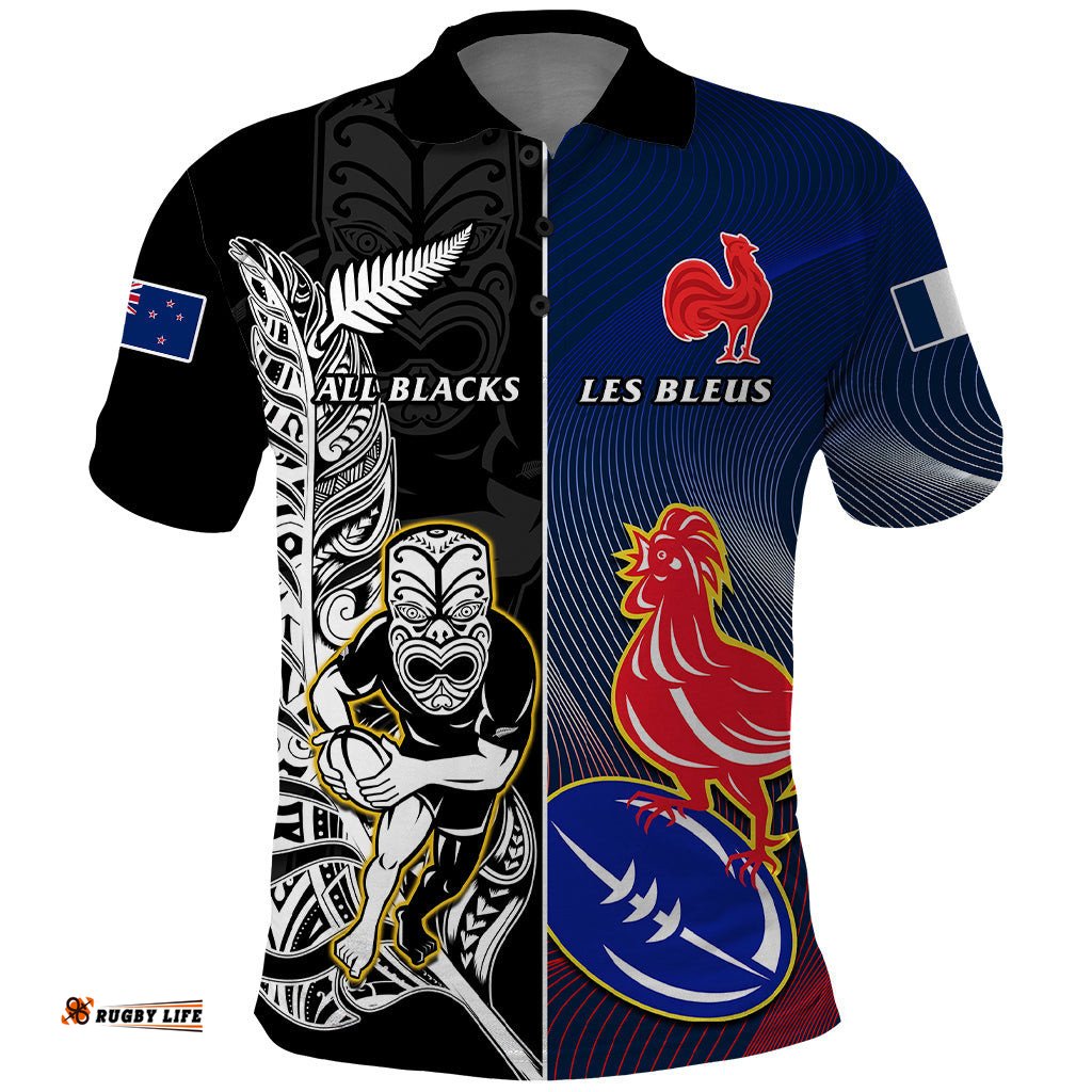 Custom New Zealand And France Rugby Polo Shirt All Black With Les Bleus Together 2023 World Cup