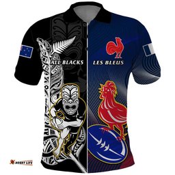 Custom New Zealand And France Rugby Polo Shirt All Black With Les Bleus Together 2023 World Cup