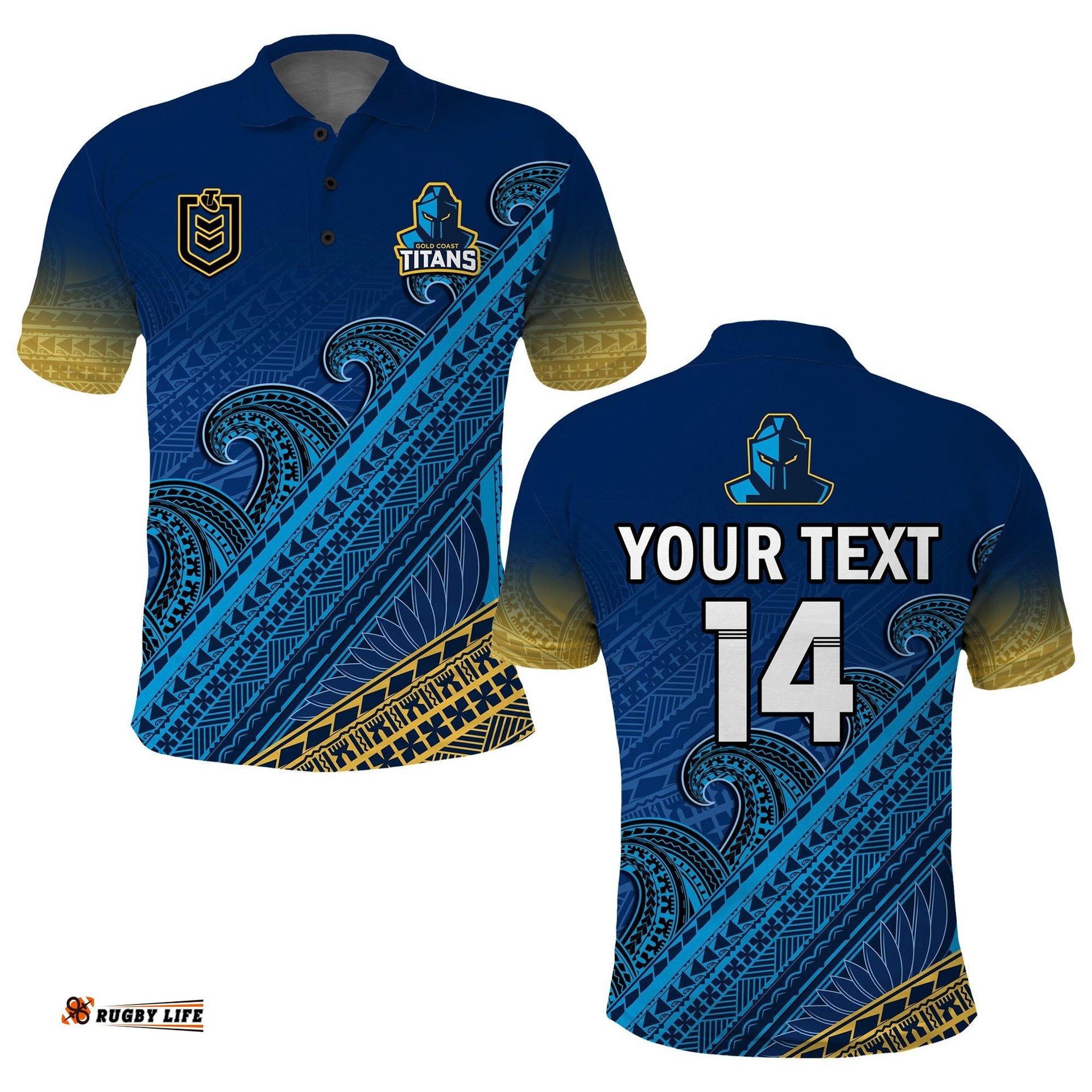 Custom Text And Number Gold Coast Titans Rugby Polo Shirt Pasifika Gradient Polynesian Pattern Amazing Aussie